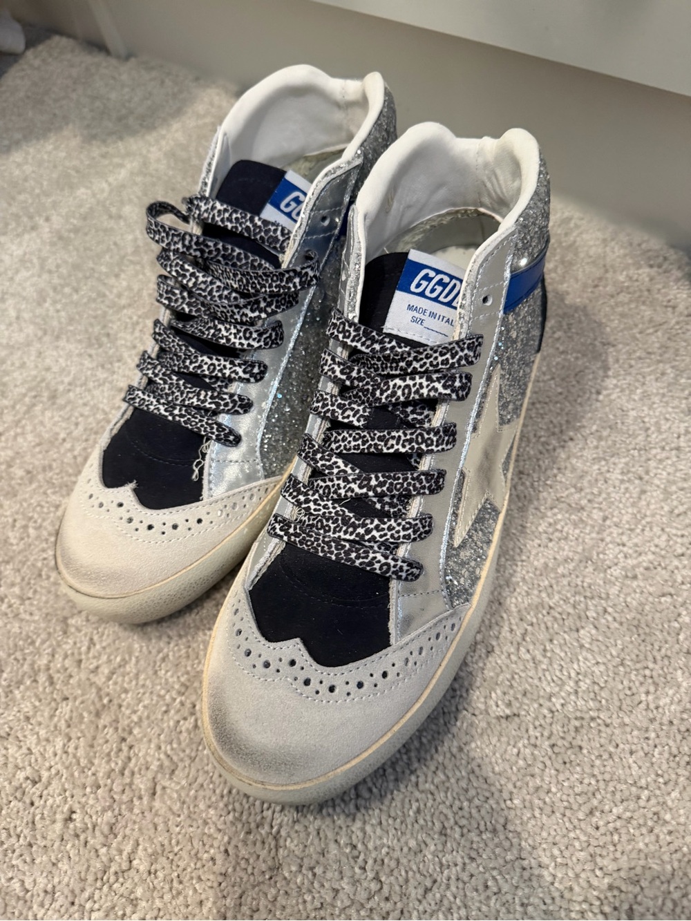 Golden Goose Silver Glitter Mid-Top Sneakers with Blue Stripe - Picture 2 of 2